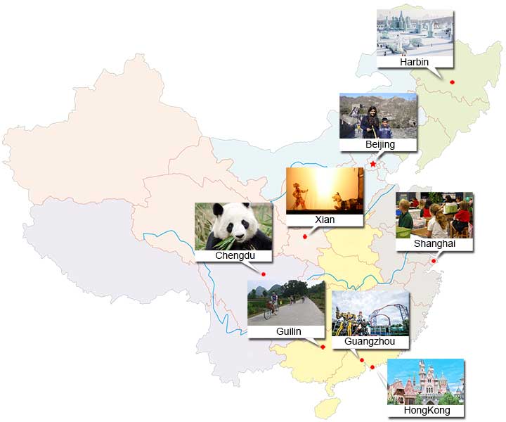 Map of eight family travel destinations across China Map of eight family travel destinations across China