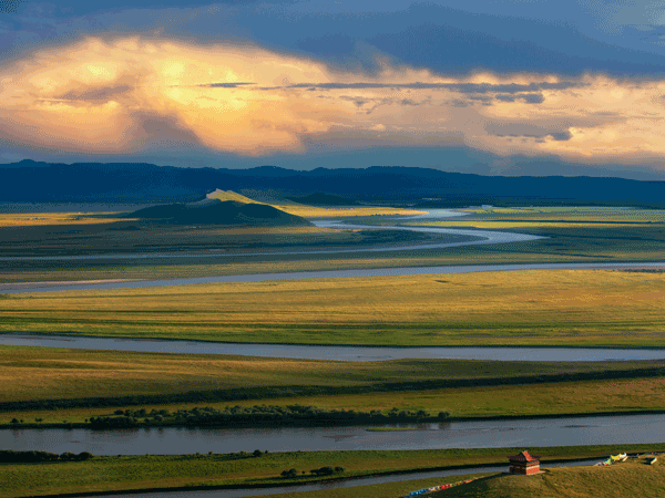 Yellow River Delta wetland under evening light
