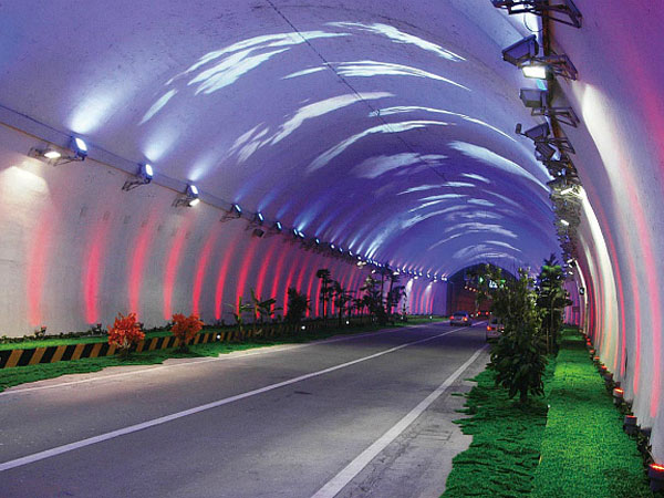 Illuminated interior of the Qinling Zhongnanshan highway tunnel