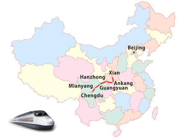 Schematic route map of the Xi’an–Chengdu high-speed railway through the Qinling region Schematic route map of the Xi’an–Chengdu high-speed railway through the Qinling region