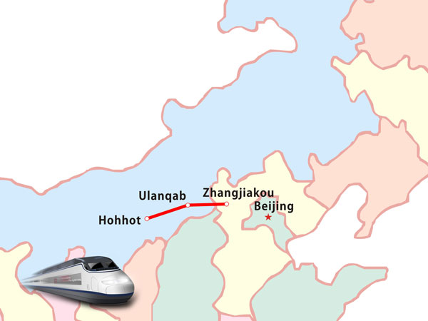 Schematic route map of the Hohhot–Ulanqab–Zhangjiakou high-speed railway Schematic route map of the Hohhot–Ulanqab–Zhangjiakou high-speed railway
