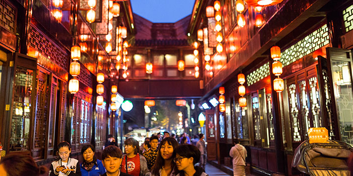 Food stalls and traditional-style buildings on Jinli Old Street in Chengdu Food stalls and traditional-style buildings on Jinli Old Street in Chengdu
