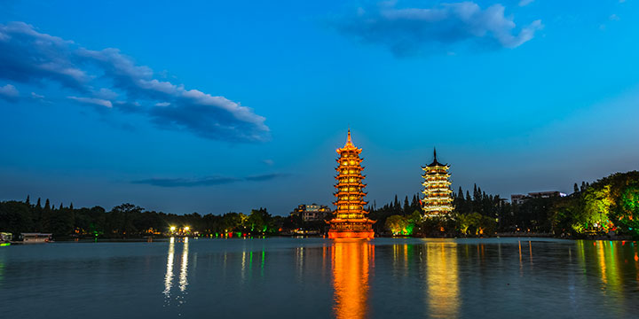 Sun and Moon Pagodas beside Shanhu Lake in Guilin