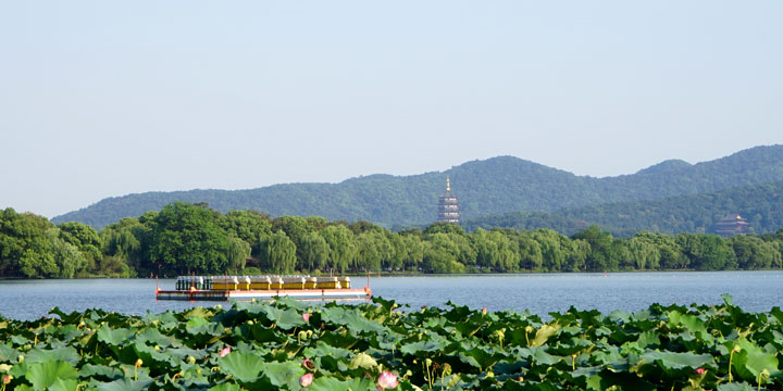 West Lake promenade and surrounding hills in Hangzhou