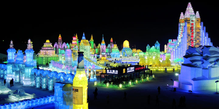 Illuminated ice architecture at Harbin Ice and Snow World Illuminated ice architecture at Harbin Ice and Snow World