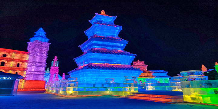 Illuminated ice architecture at Harbin Ice and Snow World Illuminated ice architecture at Harbin Ice and Snow World