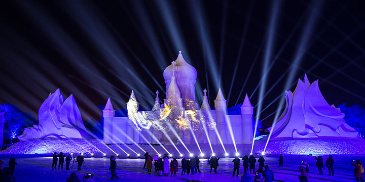 Illuminated ice architecture at Harbin Ice and Snow World