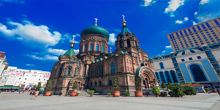 Saint Sophia landmark in central Harbin during winter