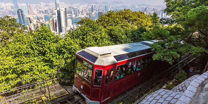 Peak Tram climbing the wooded slope toward Victoria Peak