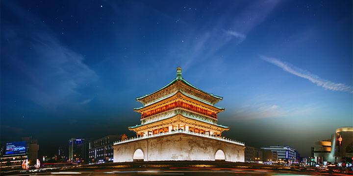 Bell Tower at the center of Xian old-city avenues Bell Tower at the center of Xian old-city avenues