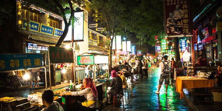 Muslim Street in Xian illustrating a busy shopping and food setting
