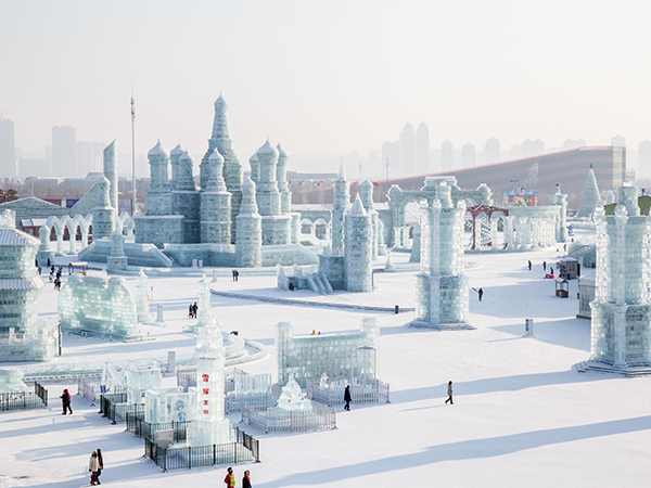Harbin ice architecture illuminated during the January winter season