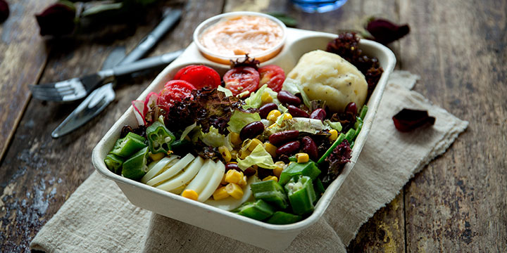 Vegetarian grain and vegetable bowl available in a specialist restaurant Vegetarian grain and vegetable bowl available in a specialist restaurant