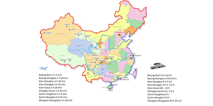 Map comparing selected domestic flight and train routes in China