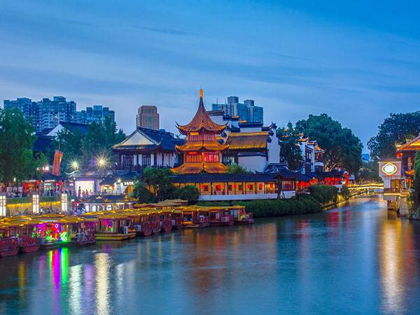 Qinhuai River and illuminated historic-style buildings in Nanjing