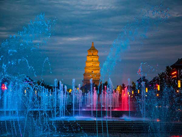 Big Wild Goose Pagoda and evening fountains illustrating a Xi'an itinerary stop Big Wild Goose Pagoda and evening fountains illustrating a Xi'an itinerary stop