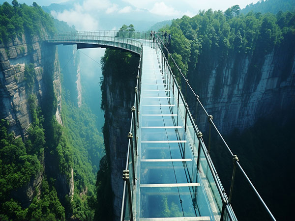 Glass bridge spanning Zhangjiajie Grand Canyon
