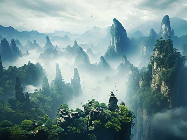 Misty sandstone pillars in Zhangjiajie illustrating mountain conditions Misty sandstone pillars in Zhangjiajie illustrating mountain conditions