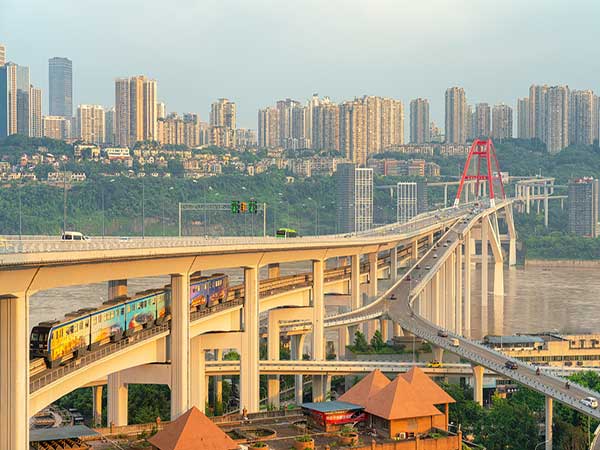 Chongqing layered skyline and transit illustrating vertical city planning Chongqing layered skyline and transit illustrating vertical city planning