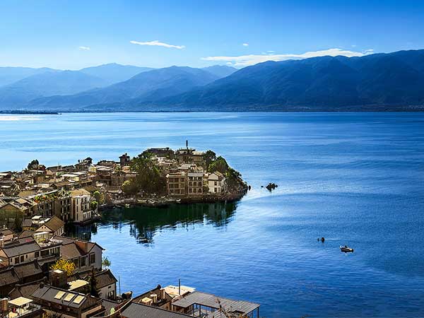 Erhai Lake and lakeside settlement near Dali in Yunnan