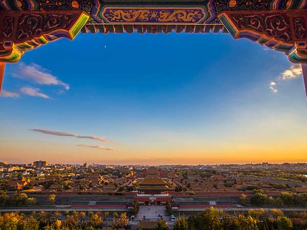 Forbidden City roofline and gate viewed from Jingshan Park in Beijing