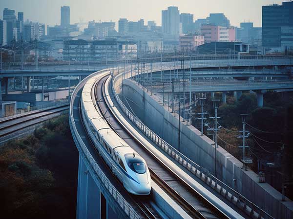 High-speed train traveling through a modern Chinese city