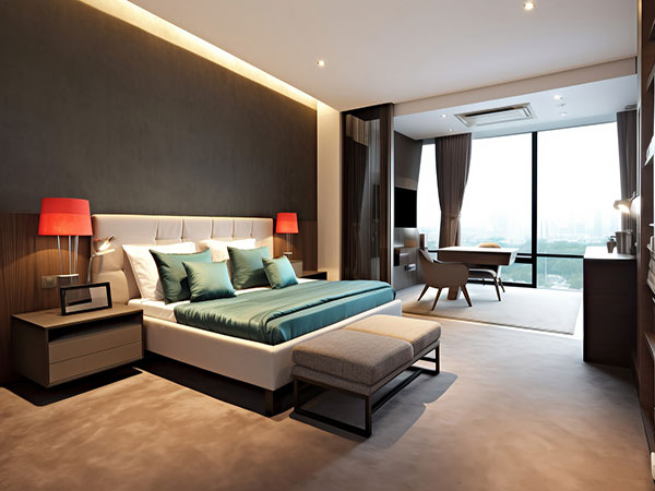 Modern hotel bedroom with a desk, seating and natural light