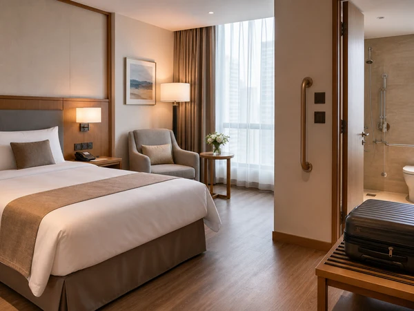 Senior-friendly hotel room with clear floor space, supportive seating and bathroom grab rails