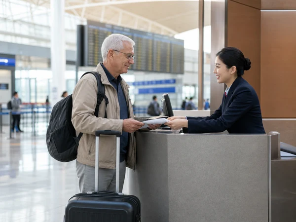 Older traveler confirming flight details at an airport assistance counter in China