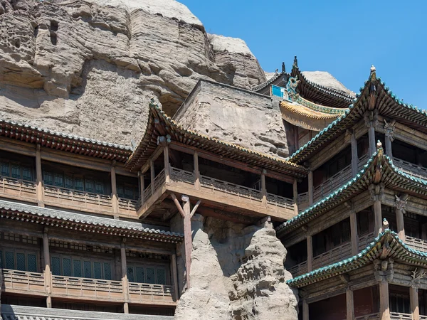 Cliff caves and temple buildings at Yungang Grottoes near Datong