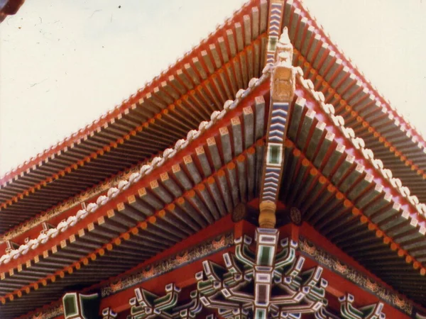 Projecting eaves and tiled roof on a traditional Chinese building