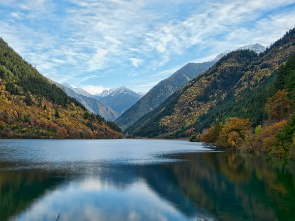 Autumn forest reflected in a clear lake at Jiuzhaigou