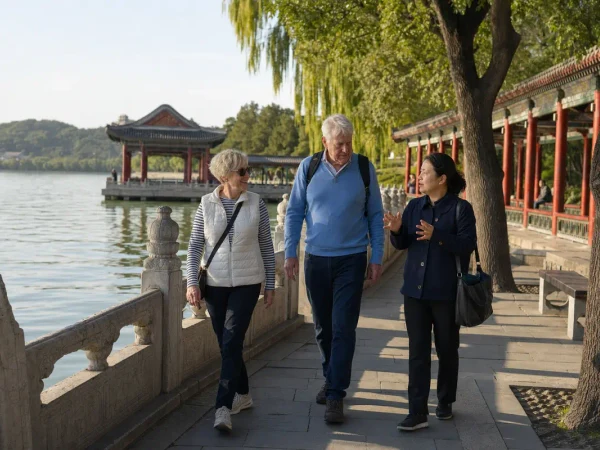 Older travelers walking with a guide beside Kunming Lake at Beijing Summer Palace Older travelers walking with a guide beside Kunming Lake at Beijing Summer Palace