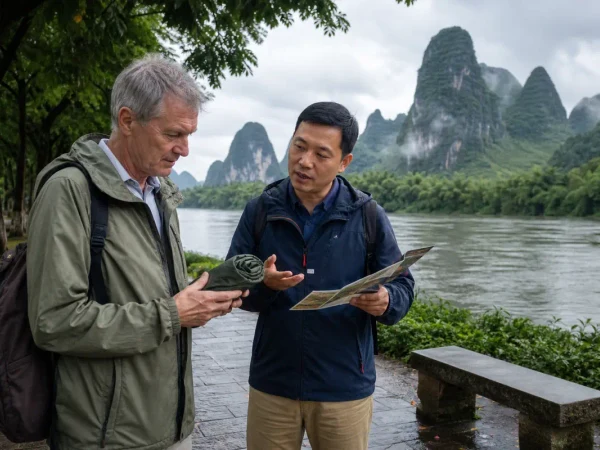 Older traveler and local guide checking rain layers beside the Li River in Guilin Older traveler and local guide checking rain layers beside the Li River in Guilin