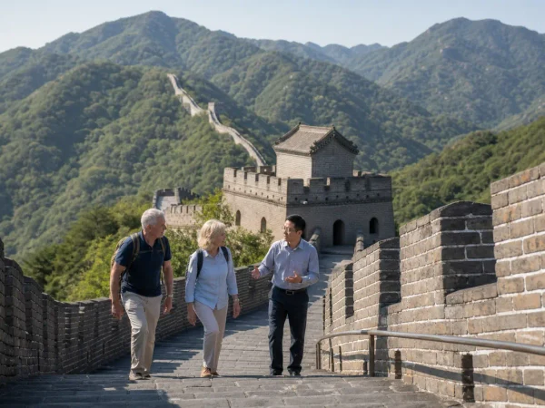 Older travelers walking with a guide on the Mutianyu Great Wall Older travelers walking with a guide on the Mutianyu Great Wall