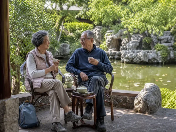 Older travelers taking a planned rest with tea in a traditional Chinese garden