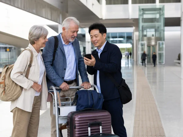 Older travelers confirming a railway station pickup plan with a local guide Older travelers confirming a railway station pickup plan with a local guide