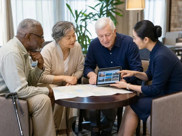 Older travelers comparing China activities with a tour planner Older travelers comparing China activities with a tour planner