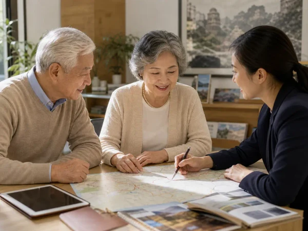Older travelers planning a paced China itinerary with a travel adviser Older travelers planning a paced China itinerary with a travel adviser