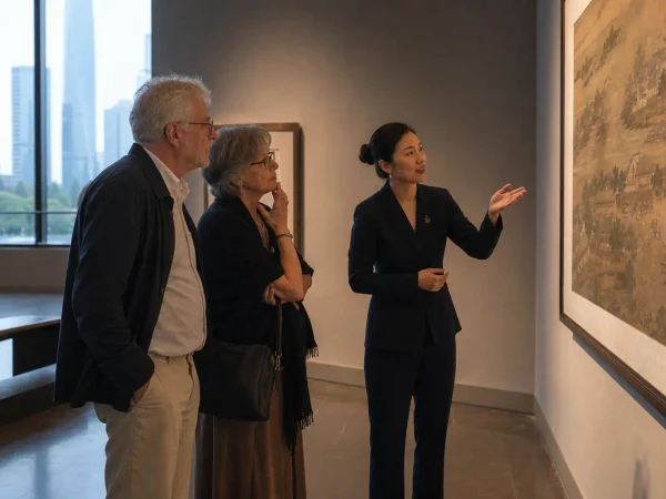 Older visitors discussing Chinese art with a museum interpreter in Shanghai Older visitors discussing Chinese art with a museum interpreter in Shanghai