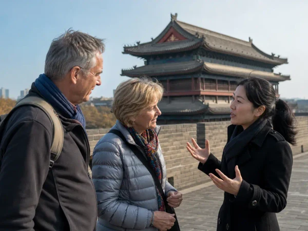 Older travelers discussing Xi’an City Wall with a local guide Older travelers discussing Xi’an City Wall with a local guide