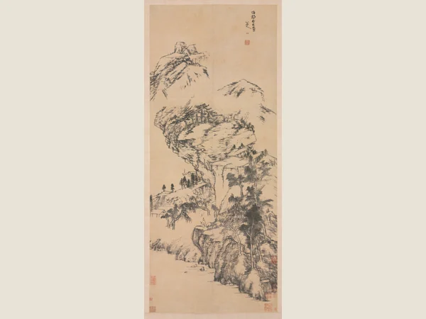 Bada Shanren landscape painting with layered mountains and river space Bada Shanren landscape painting with layered mountains and river space