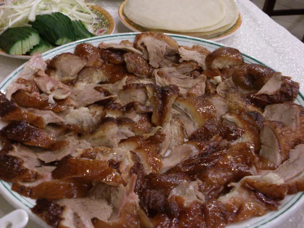 Peking duck dish served with accompaniments at a Beijing restaurant