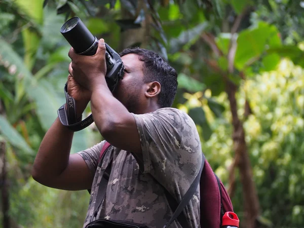 Nature photographer working quietly from a forest trail Nature photographer working quietly from a forest trail