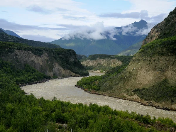 Yarlung Tsangpo River winding through the forested canyon near Nyingchi