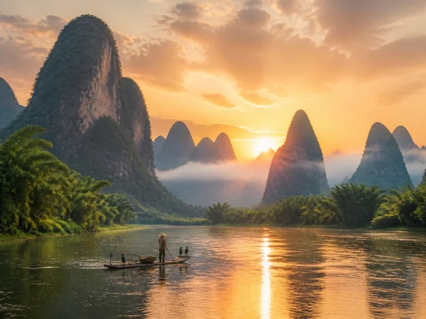 Li River and Guilin karst mountains at sunrise