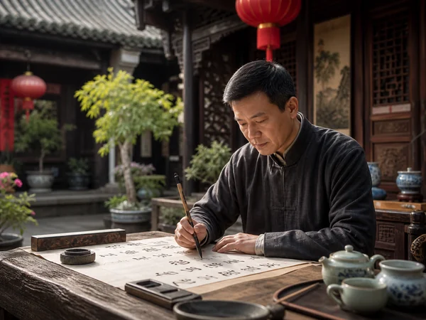 Chinese calligraphy artisan in a traditional courtyard