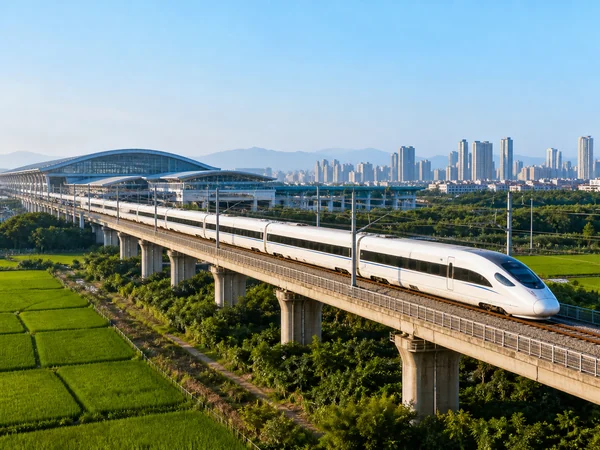 China high-speed train traveling through green fields