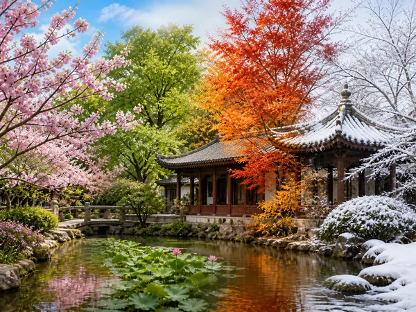 Chinese garden showing spring summer autumn and winter weather