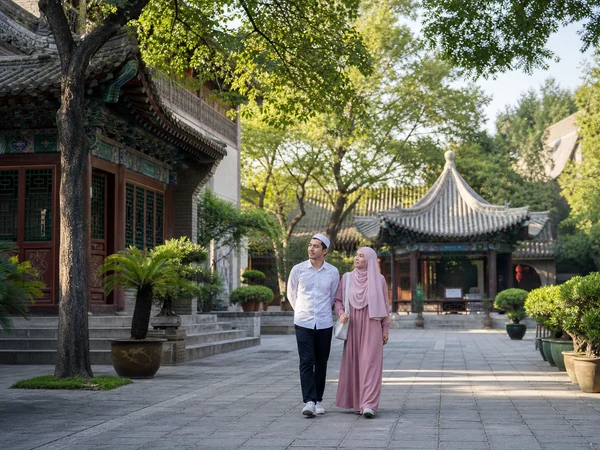 Muslim travelers exploring the historic Xi'an Great Mosque